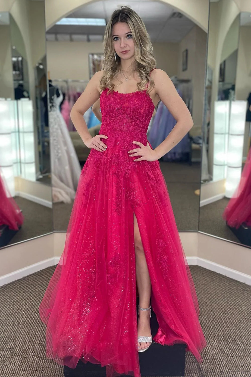 Weitese Stunning A Line Spaghetti Straps Fuchsia Long Prom Dress with Appliques