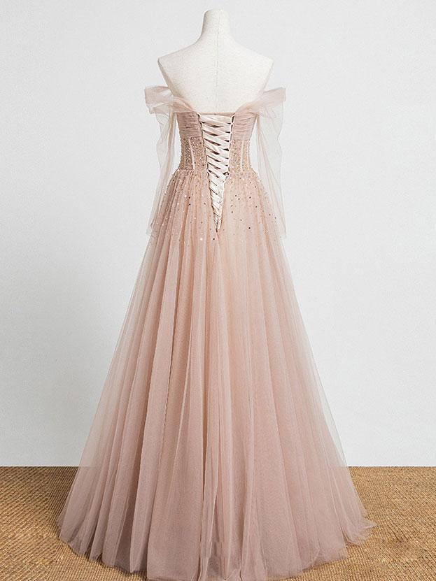 Champagne tulle sequin long Evening formal Dresses