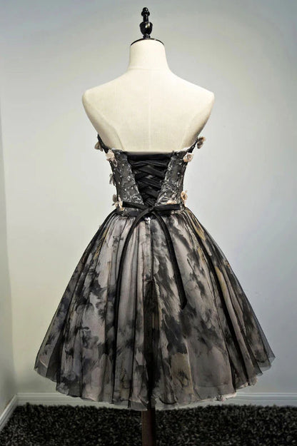 Black tulle lace short homecoming dress