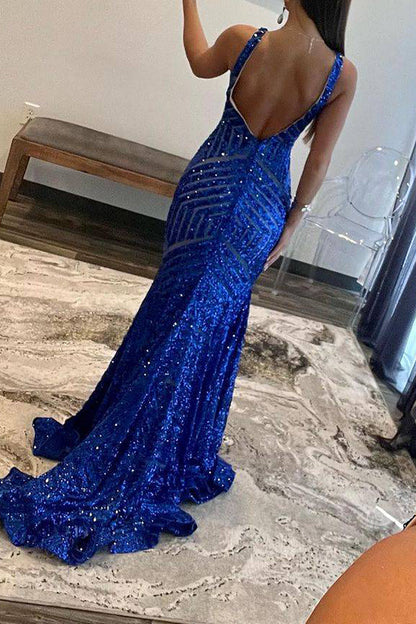 Weitese Hot Selling Mermaid Deep V Neck Royal Blue Sequins Long Prom Dress