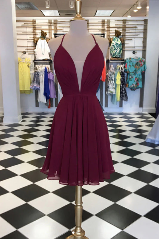 Simple burgundy chiffon short homecoming dress