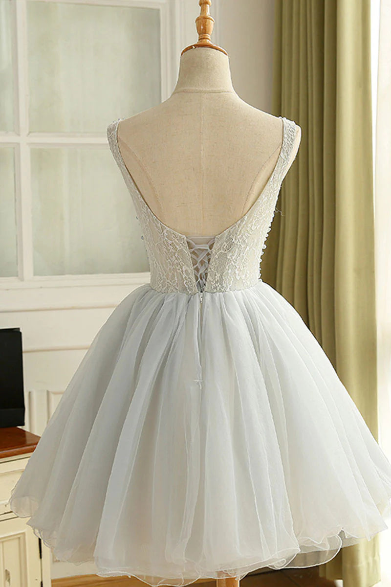 Gray round neck tulle short Homecoming Dresses