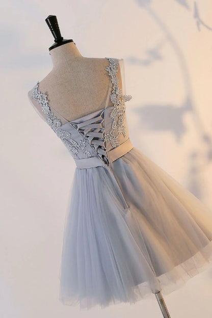 Cute gray round neck tulle lace short homecoming dress