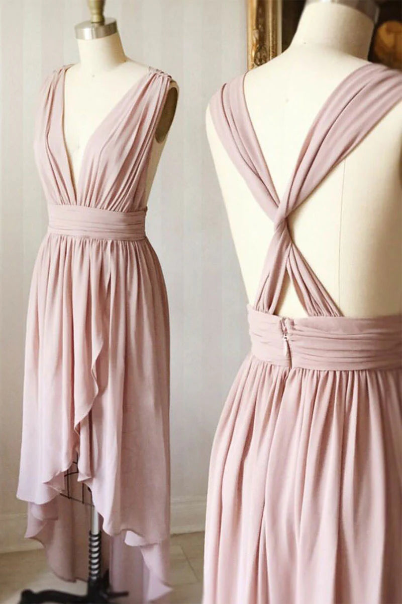 simple v neck pink short homecoming dress