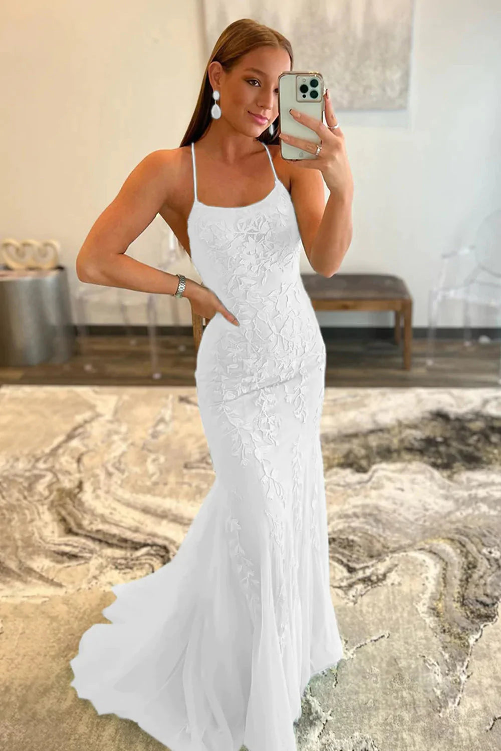 Weitese Mermaid Spaghetti Straps White Long Prom Dress with Appliques