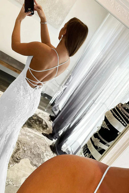 Weitese Mermaid Spaghetti Straps White Long Prom Dress with Appliques