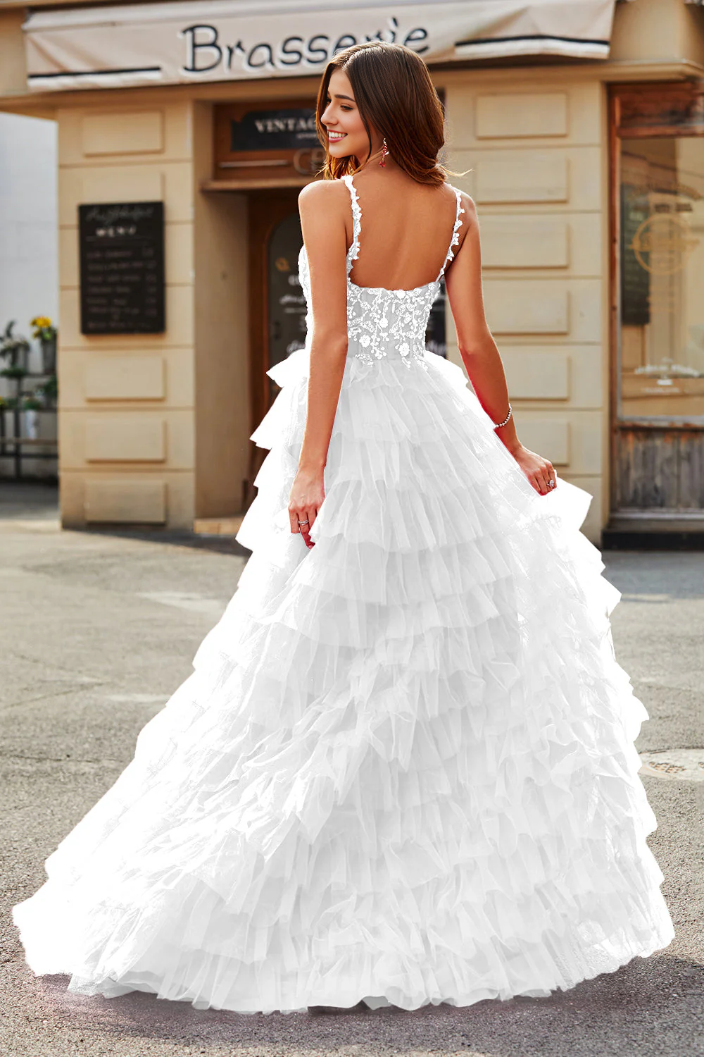 A-Line Spaghetti Straps Tiered Wedding Dress With Slit