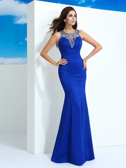 Sheer Neck Beading Sleeveless Long Satin Dresses