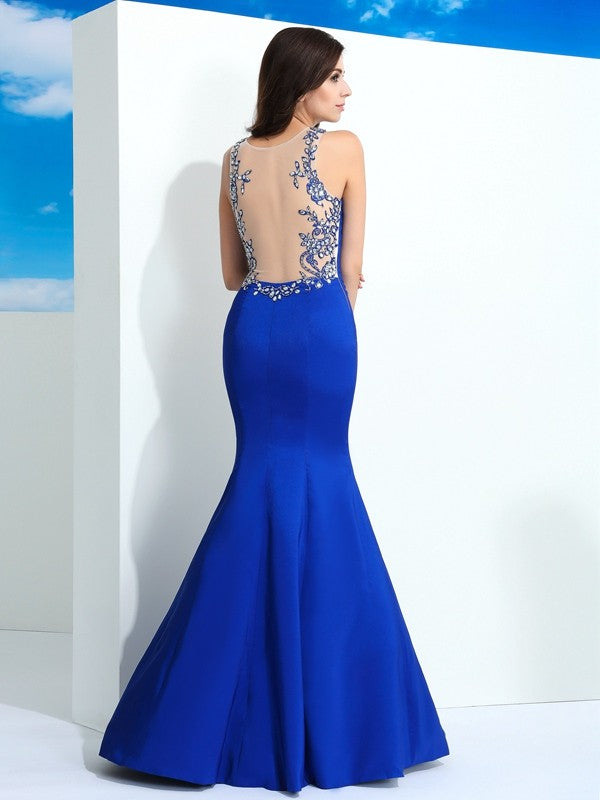 Sheer Neck Beading Sleeveless Long Satin Dresses