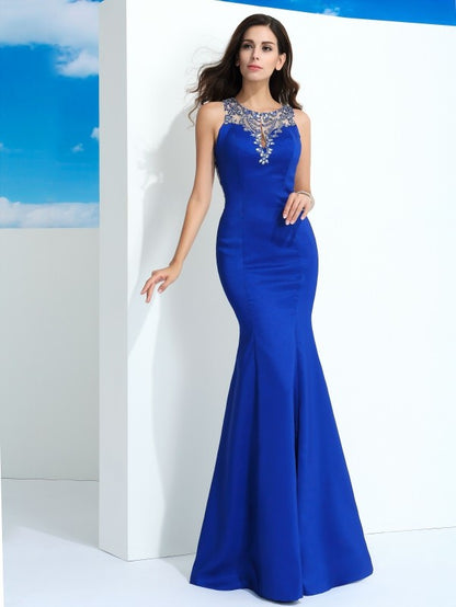 Sheer Neck Beading Sleeveless Long Satin Dresses