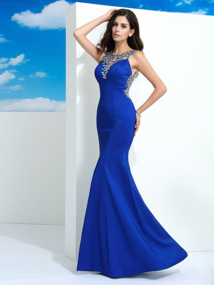 Sheer Neck Beading Sleeveless Long Satin Dresses