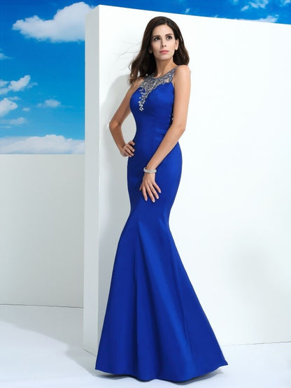 Sheer Neck Beading Sleeveless Long Satin Dresses