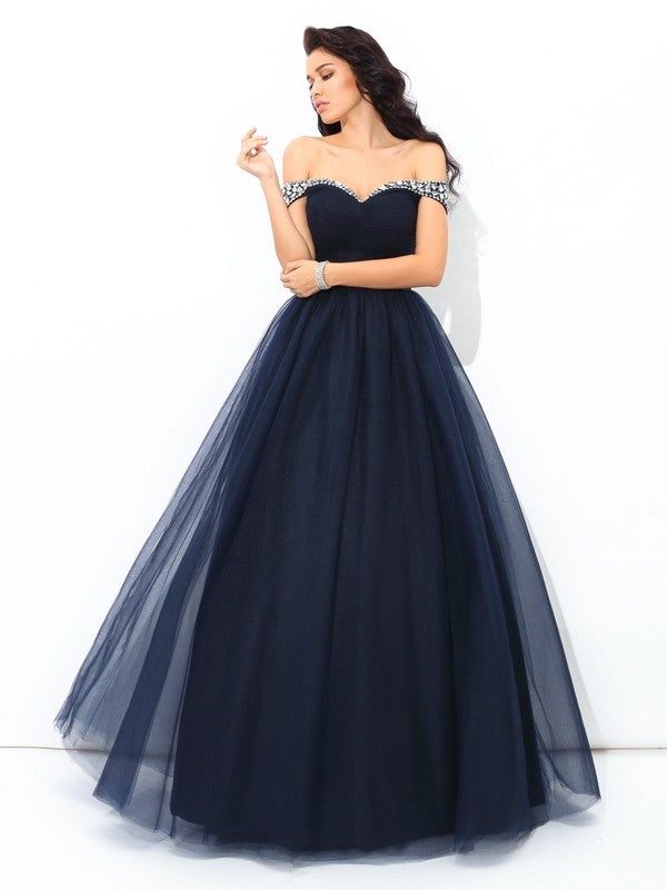 Off-the-Shoulder Beading Sleeveless Long Net Quinceanera Dresses