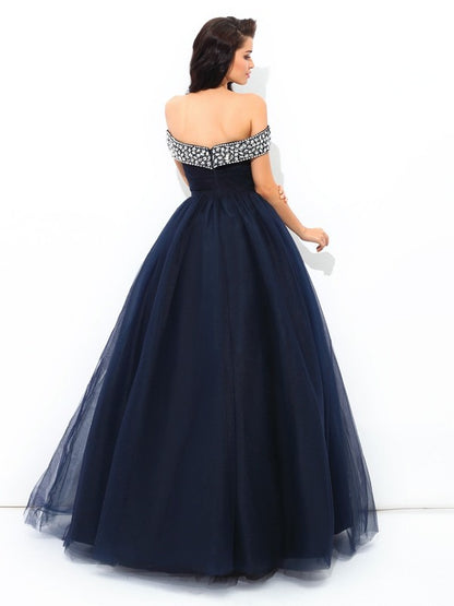 Off-the-Shoulder Beading Sleeveless Long Net Quinceanera Dresses