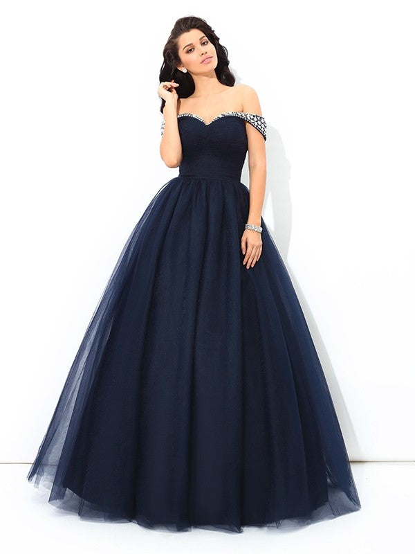 Off-the-Shoulder Beading Sleeveless Long Net Quinceanera Dresses