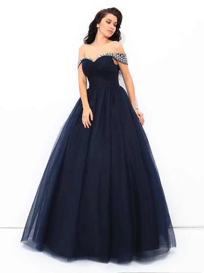 Off-the-Shoulder Beading Sleeveless Long Net Quinceanera Dresses