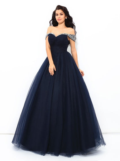 Off-the-Shoulder Beading Sleeveless Long Net Quinceanera Dresses