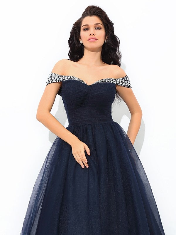 Off-the-Shoulder Beading Sleeveless Long Net Quinceanera Dresses