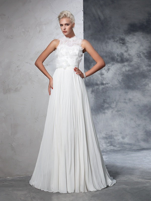 High Neck Pleats Sleeveless Long Chiffon Wedding Dresses