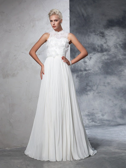 High Neck Pleats Sleeveless Long Chiffon Wedding Dresses