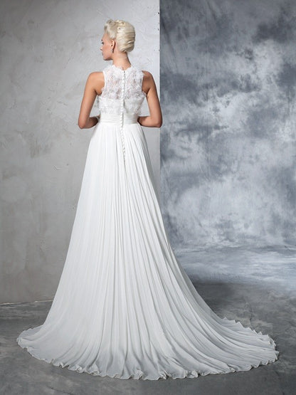 High Neck Pleats Sleeveless Long Chiffon Wedding Dresses