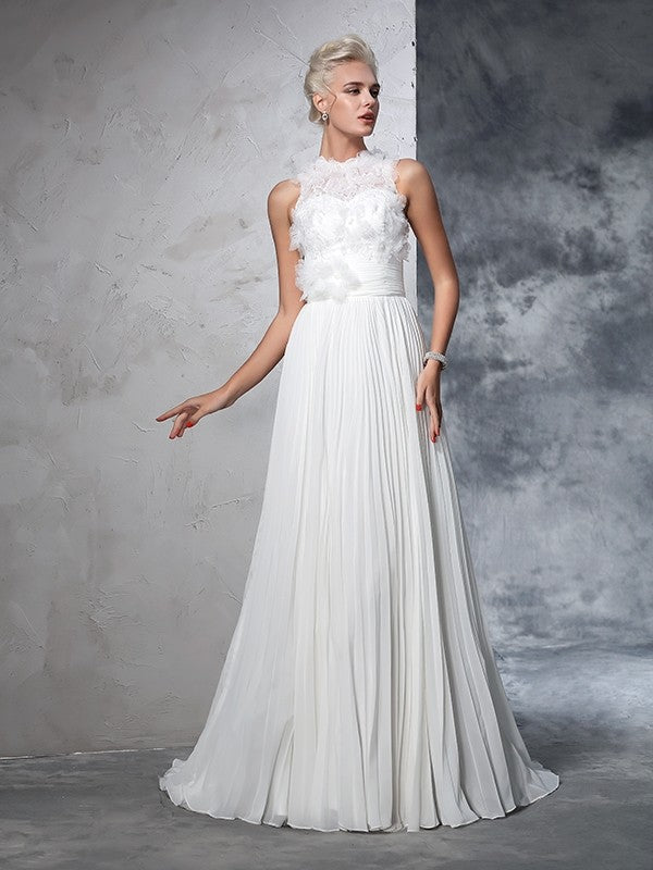 High Neck Pleats Sleeveless Long Chiffon Wedding Dresses