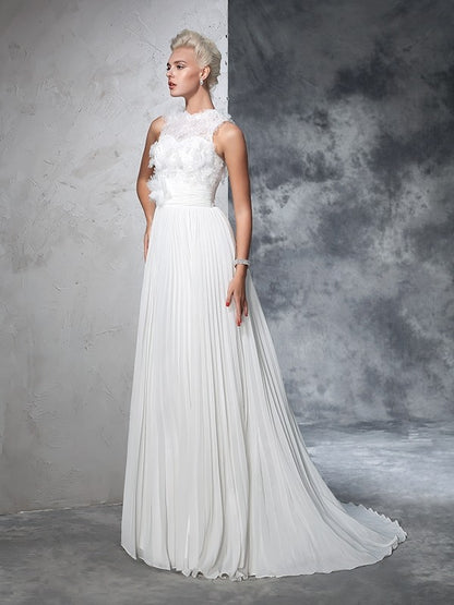 High Neck Pleats Sleeveless Long Chiffon Wedding Dresses