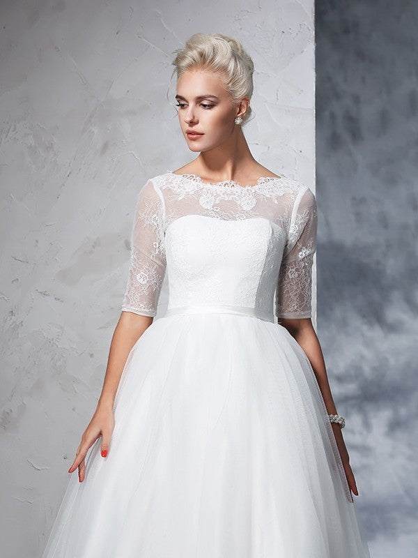 Lace 1/2 Sleeves Long Net Wedding Dresses