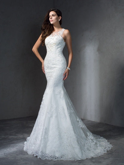 Scoop Applique Sleeveless Long Lace Wedding Dresses