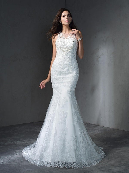 Scoop Applique Sleeveless Long Lace Wedding Dresses