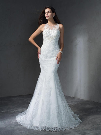 Scoop Applique Sleeveless Long Lace Wedding Dresses