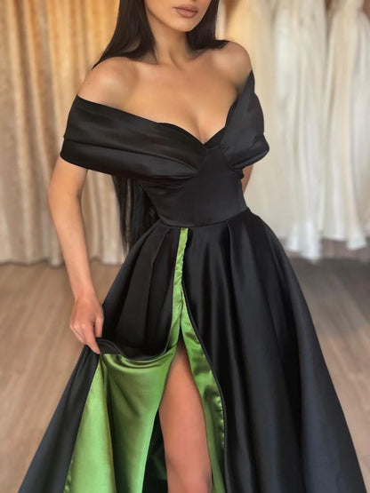 Simple black satin off shoulder long prom dress