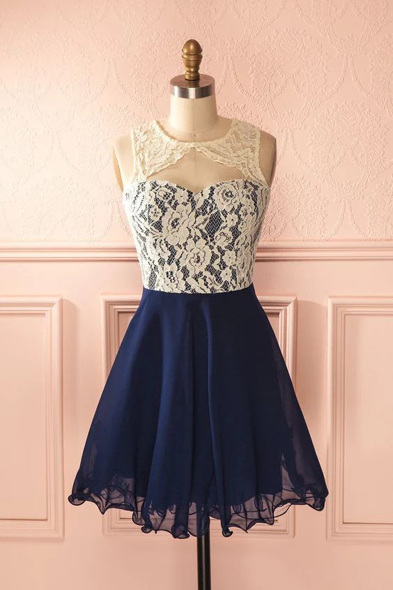 Cute lace chiffon dark blue short homecoming dress