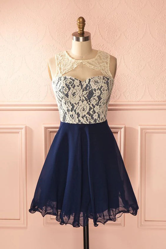 Cute lace chiffon dark blue short homecoming dress