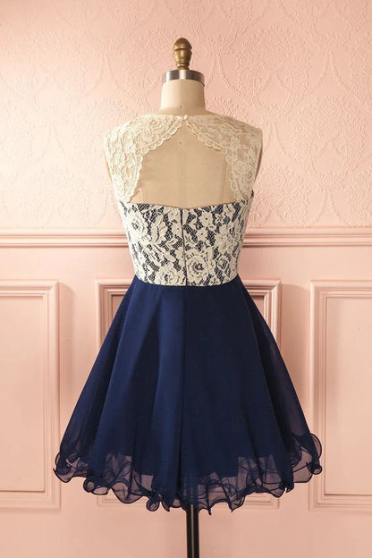 Cute lace chiffon dark blue short homecoming dress