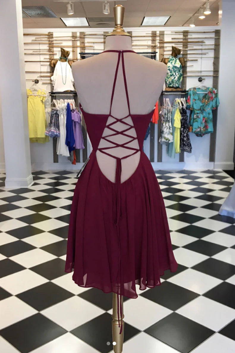 Simple burgundy chiffon short homecoming dress