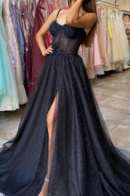 Weitese Beautiful A Line Spaghetti Straps Black Long Prom Dress