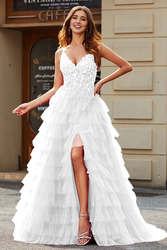 A-Line Spaghetti Straps Tiered Wedding Dress With Slit