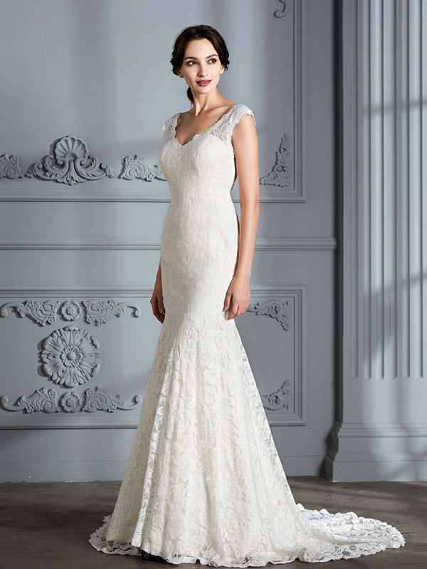 Sleeveless V-Neck Lace Sweep/Brush Train Wedding Dresses