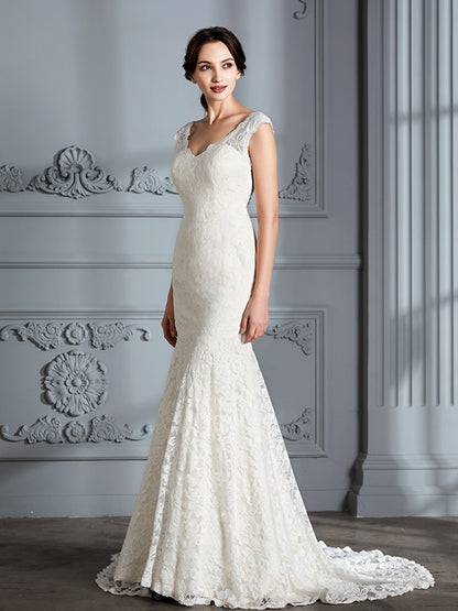 Sleeveless V-Neck Lace Sweep/Brush Train Wedding Dresses