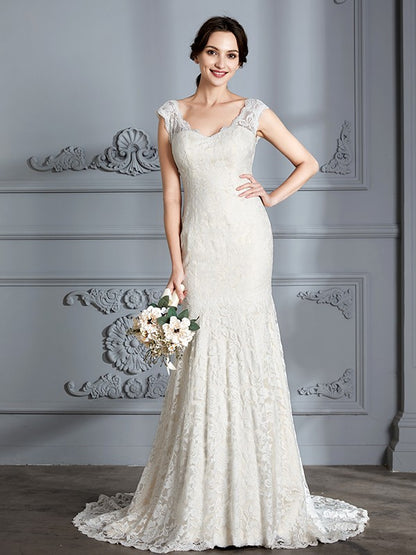 Sleeveless V-Neck Lace Sweep/Brush Train Wedding Dresses