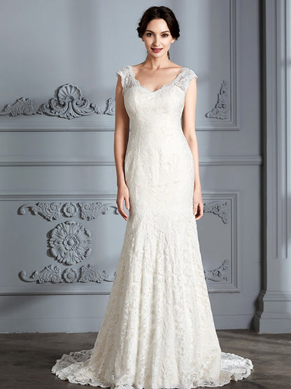 Sleeveless V-Neck Lace Sweep/Brush Train Wedding Dresses