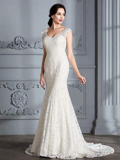 Sleeveless V-Neck Lace Sweep/Brush Train Wedding Dresses