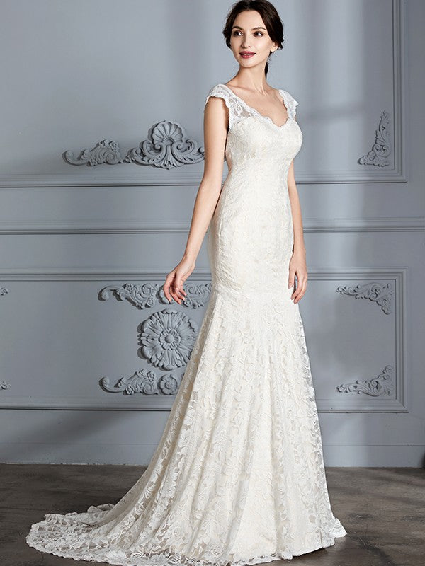 Sleeveless V-Neck Lace Sweep/Brush Train Wedding Dresses