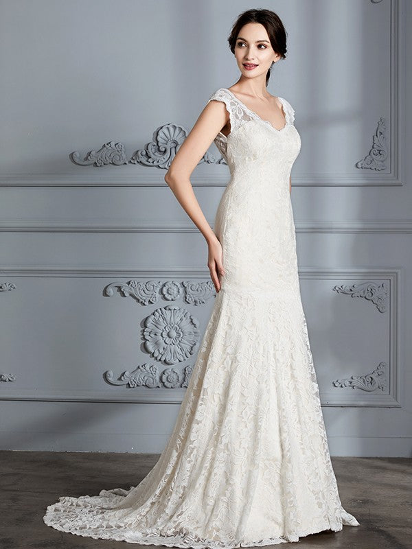 Sleeveless V-Neck Lace Sweep/Brush Train Wedding Dresses