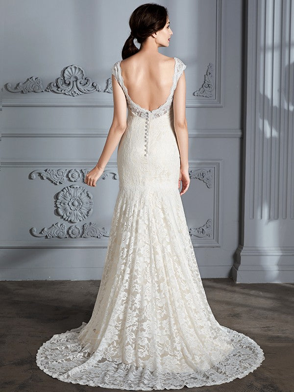 Sleeveless V-Neck Lace Sweep/Brush Train Wedding Dresses