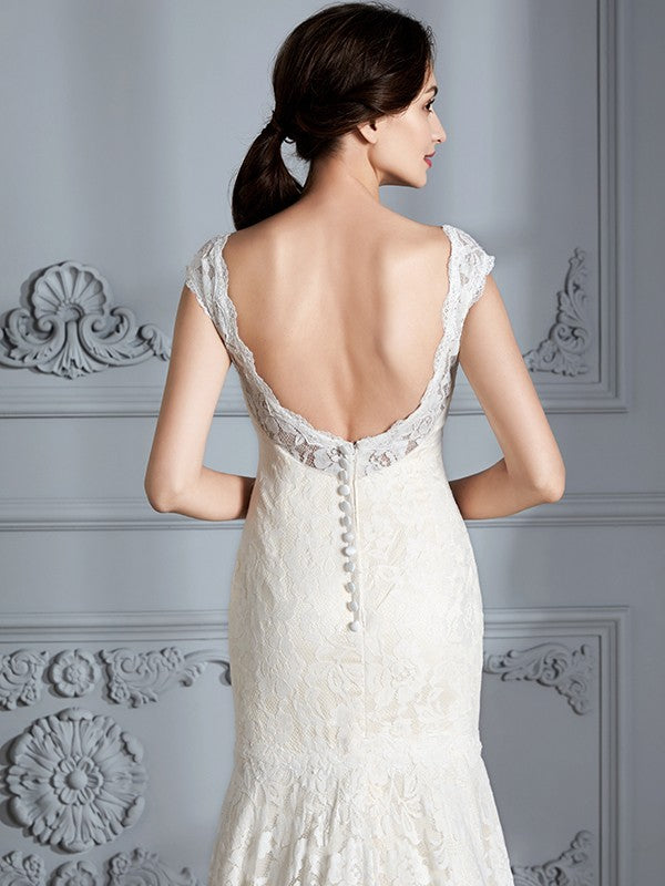 Sleeveless V-Neck Lace Sweep/Brush Train Wedding Dresses