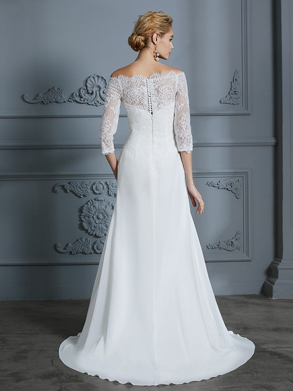 Off-the-Shoulder Sweep/Brush Train Chiffon Wedding Dresses