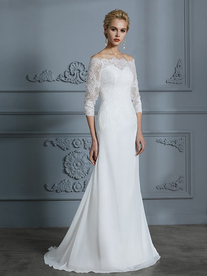 Off-the-Shoulder Sweep/Brush Train Chiffon Wedding Dresses