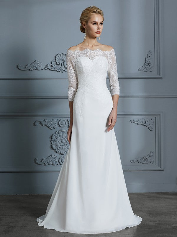 Off-the-Shoulder Sweep/Brush Train Chiffon Wedding Dresses